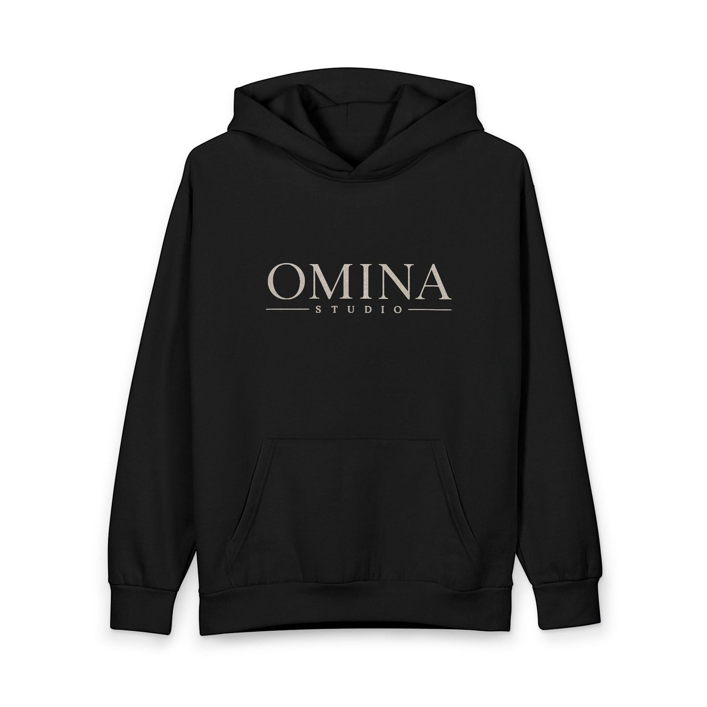 Omina Studio black heavyweight cotton blend oversized hoodie with a double-layer hood and front chest branding.