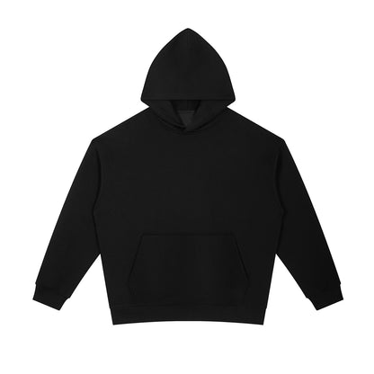 Omina black heavyweight cotton blend hoodie with oversized fit, drop shoulders, and kangaroo pocket.
