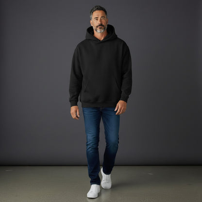 Omina black heavyweight cotton blend hoodie with oversized fit, drop shoulders, and kangaroo pocket.