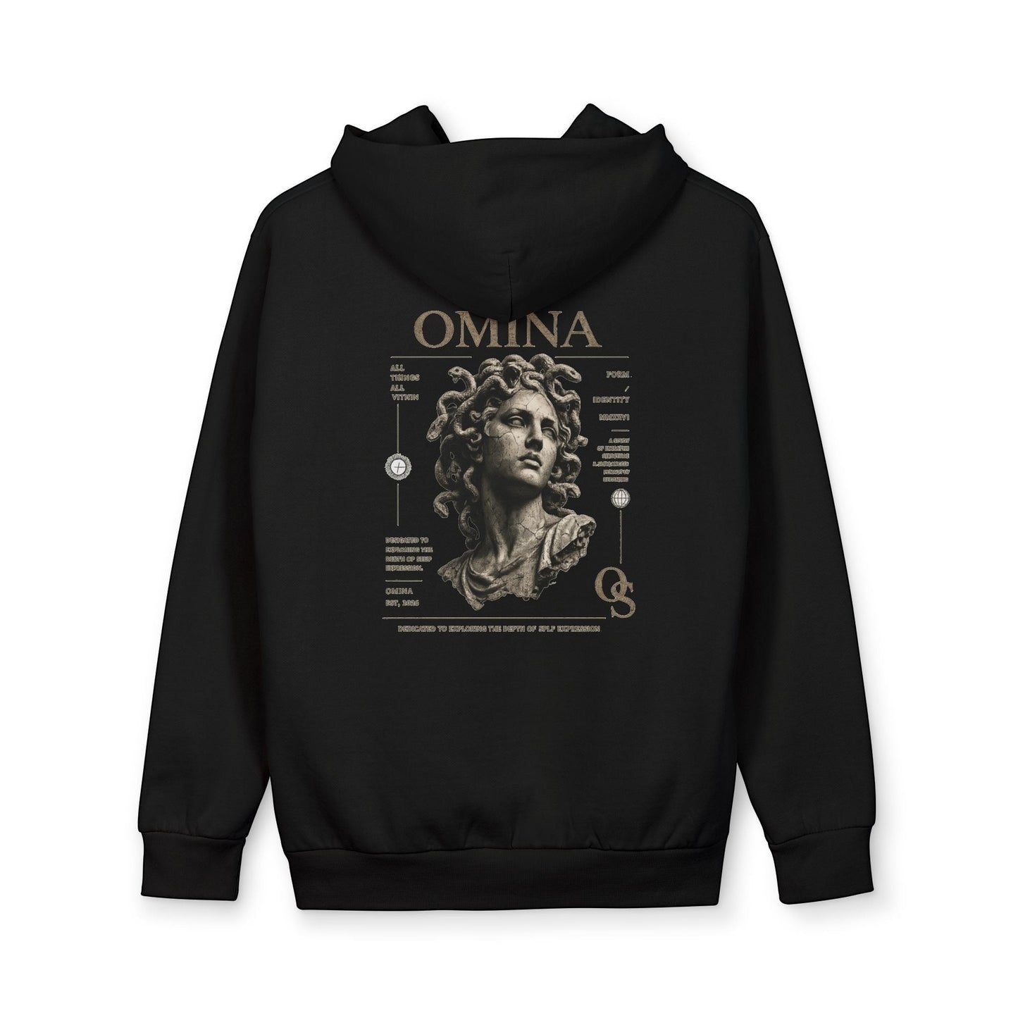 Omina Studio black heavyweight cotton blend oversized hoodie with a graphic of Medusa and text.
