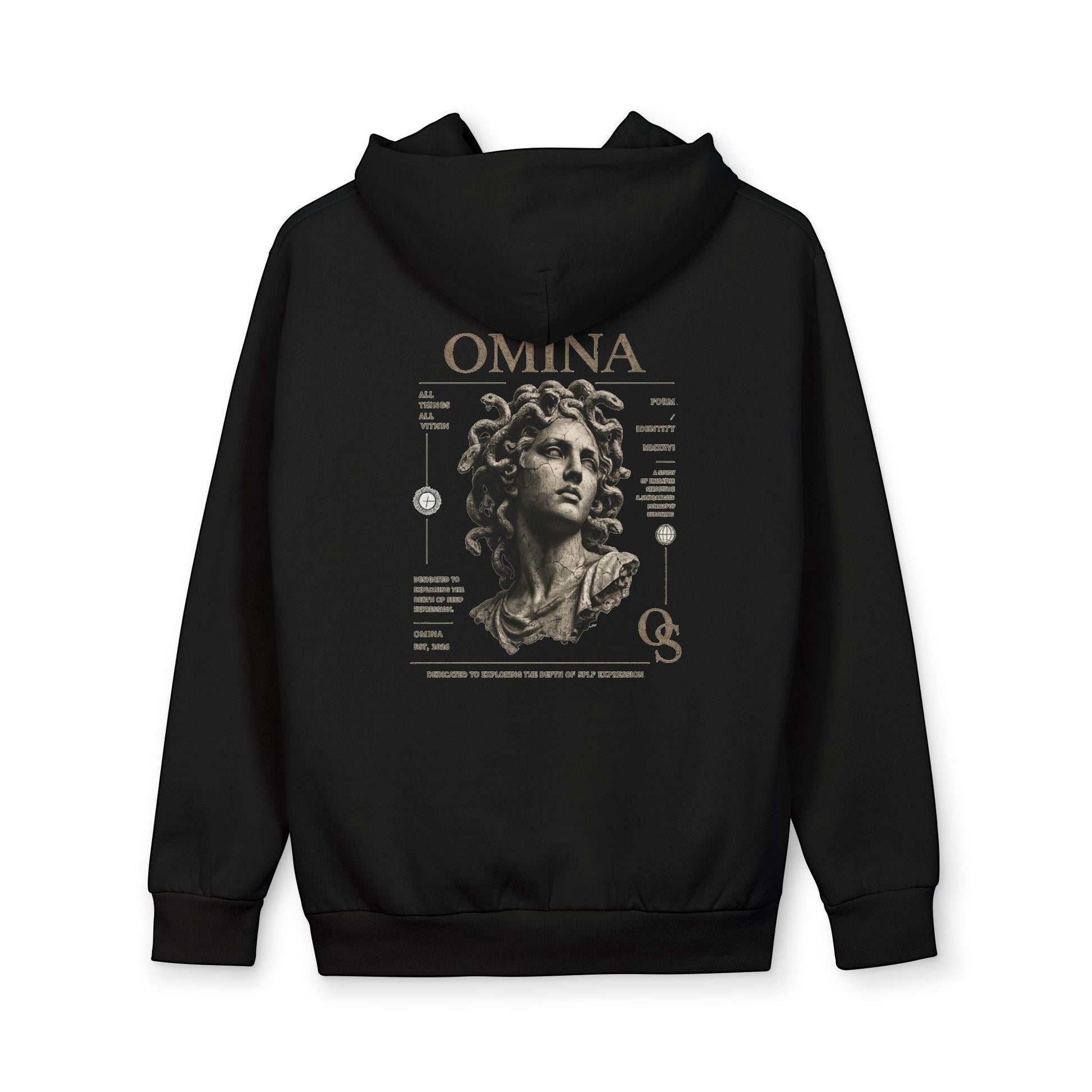 Omina Studio black heavyweight cotton blend oversized hoodie with a graphic of Medusa and text.