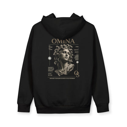 Omina Studio black heavyweight cotton blend oversized hoodie with a graphic of Medusa and text.