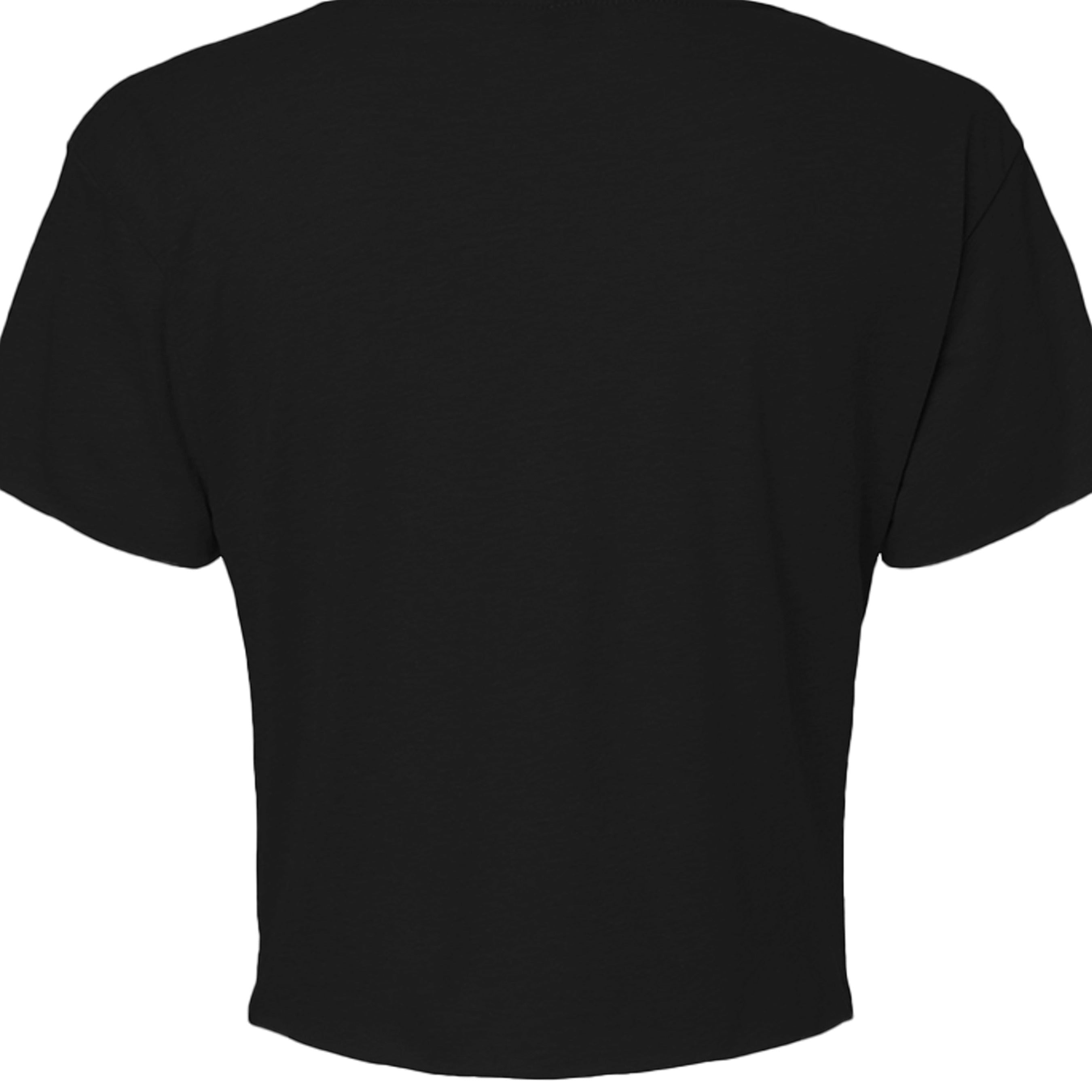 Omina black cotton blend cropped t-shirt with raw edge hem and sleeves, featuring a Medusa bust graphic.
