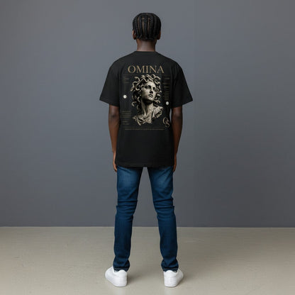 Black Omina Studio cotton t-shirt with a graphic print of Medusa's head and minimalist typography on the back.