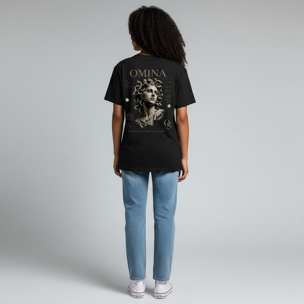 Omina Studio black cotton t-shirt with a graphic of Medusa's head and minimalist typography on the back.