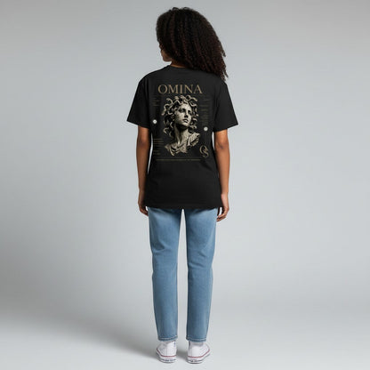 Omina Studio black cotton t-shirt with a graphic of Medusa's head and minimalist typography on the back.
