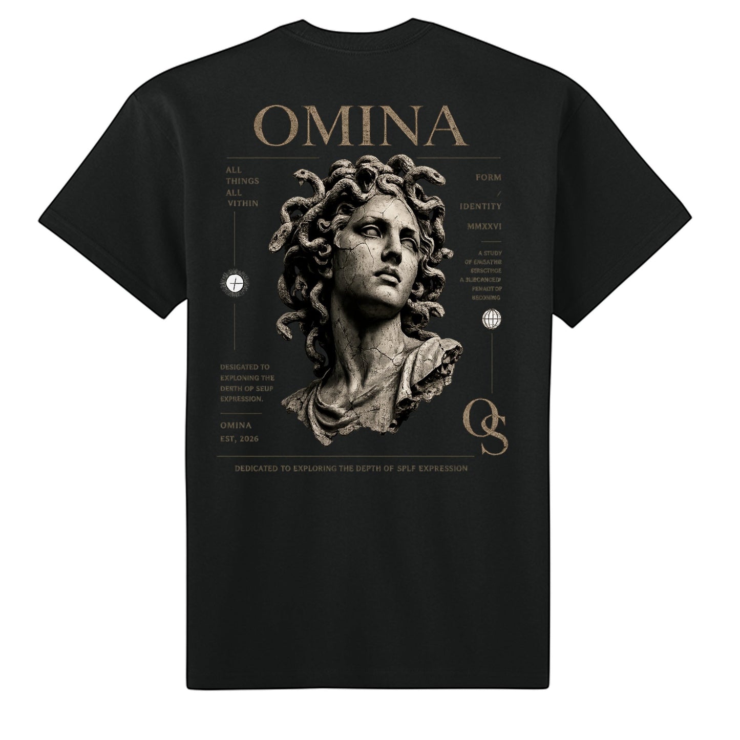 Black Omina Studio premium cotton t-shirt with a graphic of a cracked marble bust of Medusa and minimalist text.