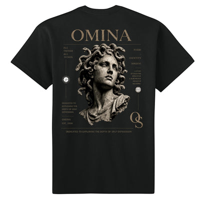 Black Omina Studio premium cotton t-shirt with a graphic of a cracked marble bust of Medusa and minimalist text.