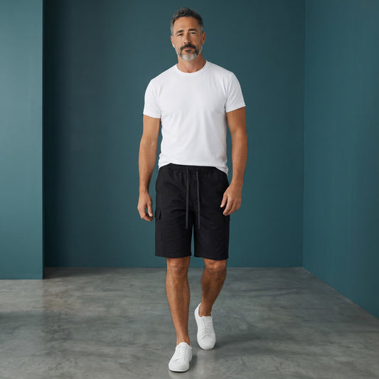 Omina black polyester cargo shorts with drawstring elastic waistband and functional pockets. Relaxed unisex fit.