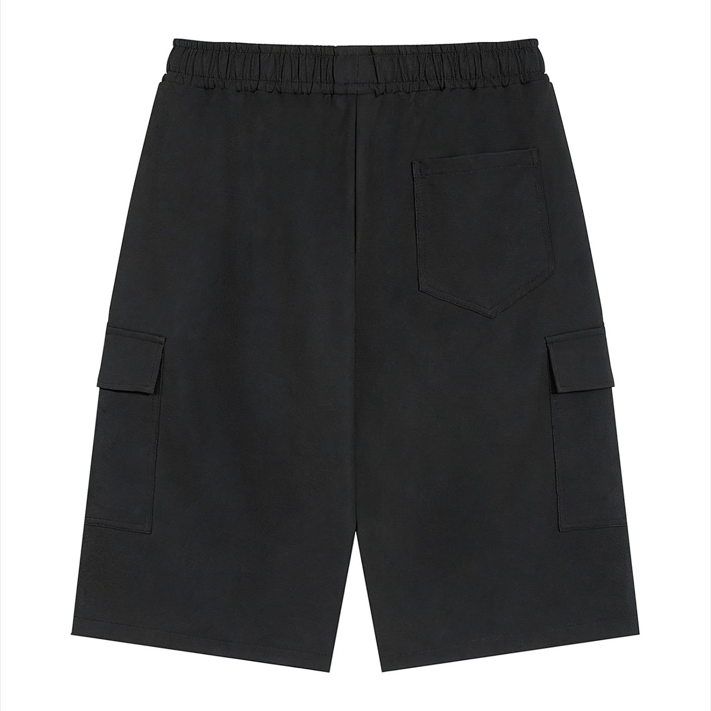 Omina black polyester unisex cargo shorts with elastic waistband and drawstring, featuring functional cargo pockets.