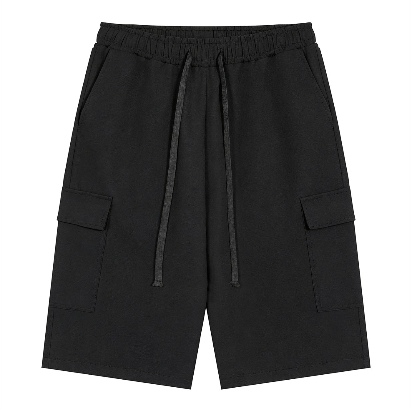 Omina black polyester cargo shorts with drawstring elastic waistband and functional pockets.