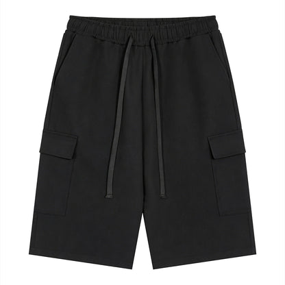 Omina black polyester cargo shorts with drawstring elastic waistband and functional pockets.