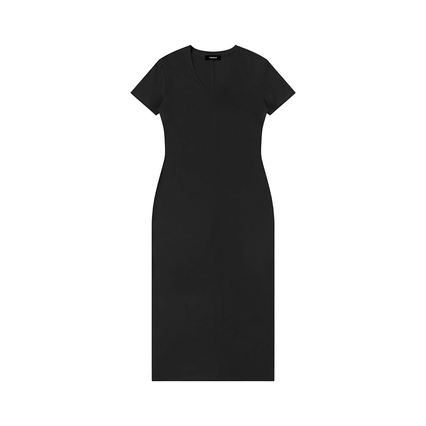 Omina black V-neck maxi dress made from a soft viscose blend with a body-skimming fit and side slit.