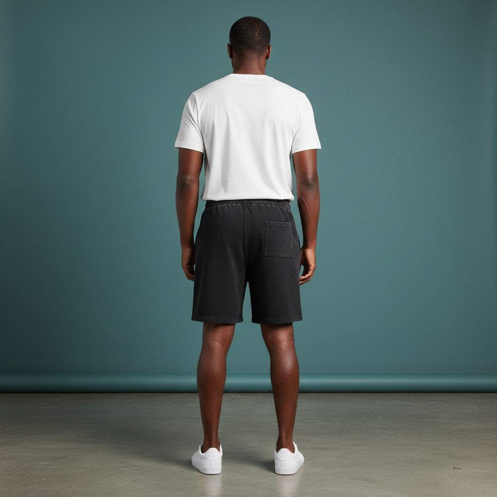 Omina black mineral wash waffle knit shorts with elastic waistband and single back pocket.