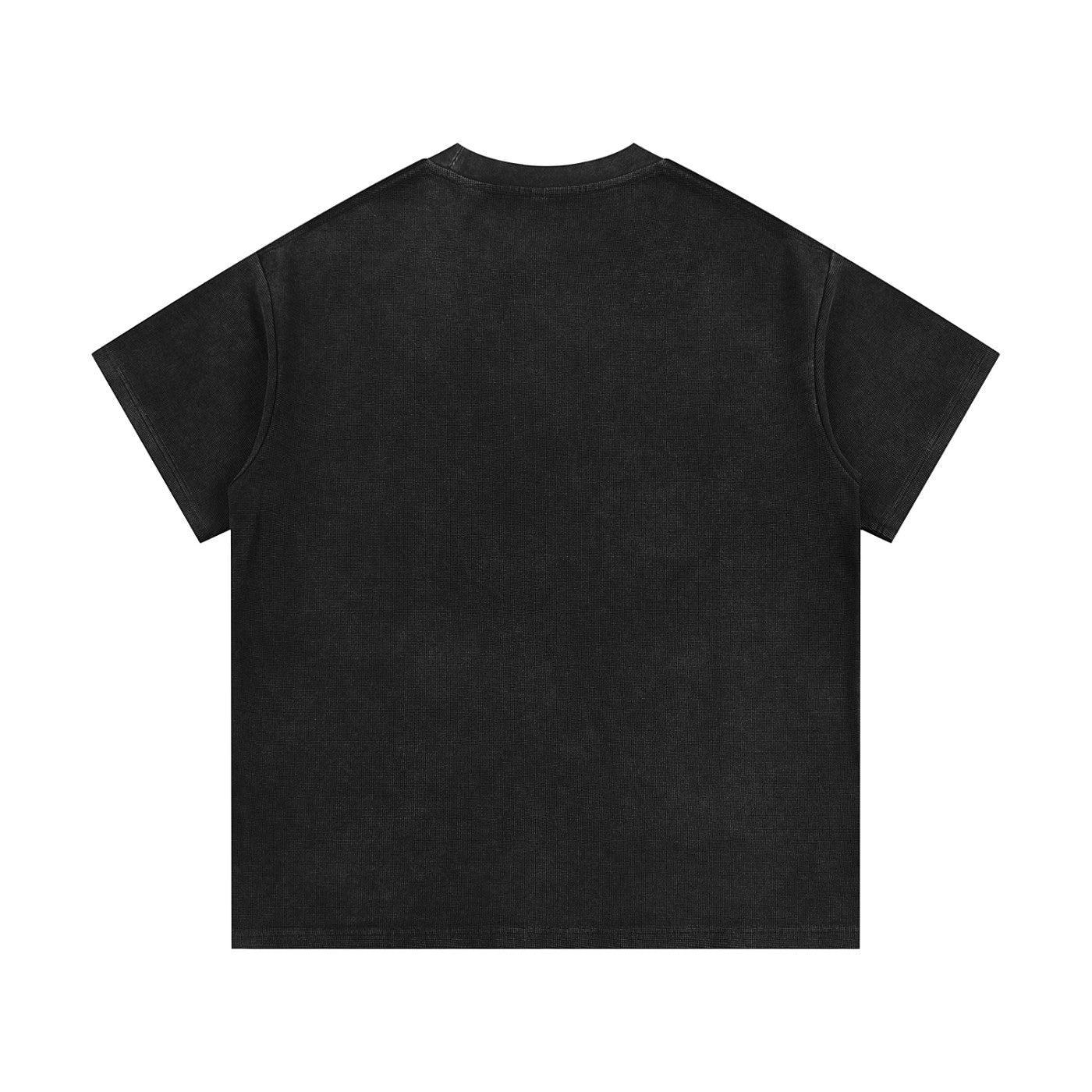 Omina black mineral wash waffle knit t-shirt with relaxed fit and drop shoulders.