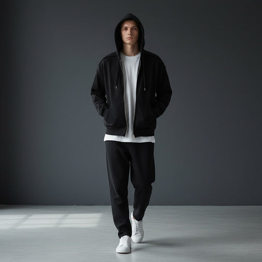 OMINA black cotton-polyester blend zip-up hoodie with raw edge detailing and contrast tape accents.
