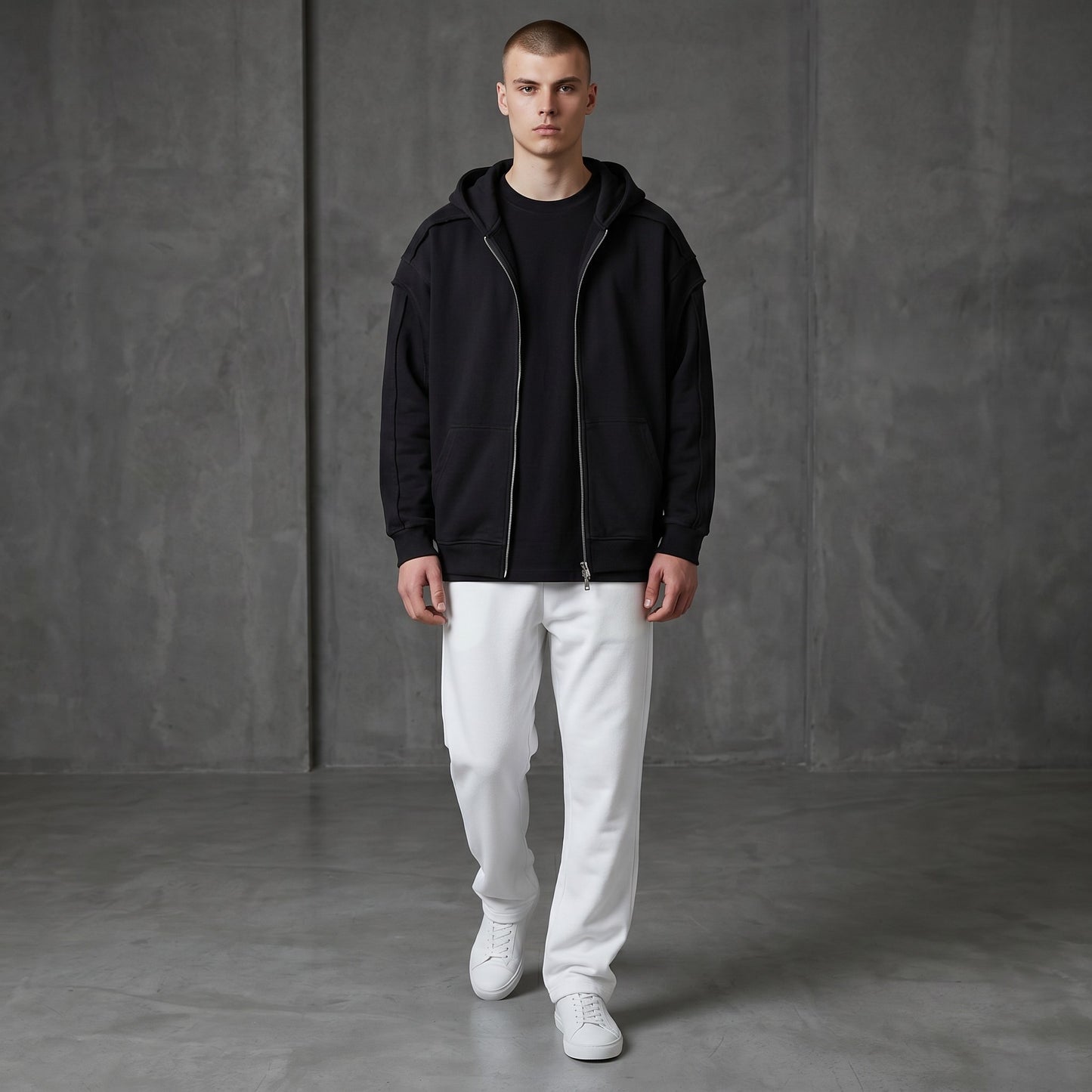 Omina black cotton-blend zip-up hoodie with raw edge detailing and contrast tape accents. Oversized fit.