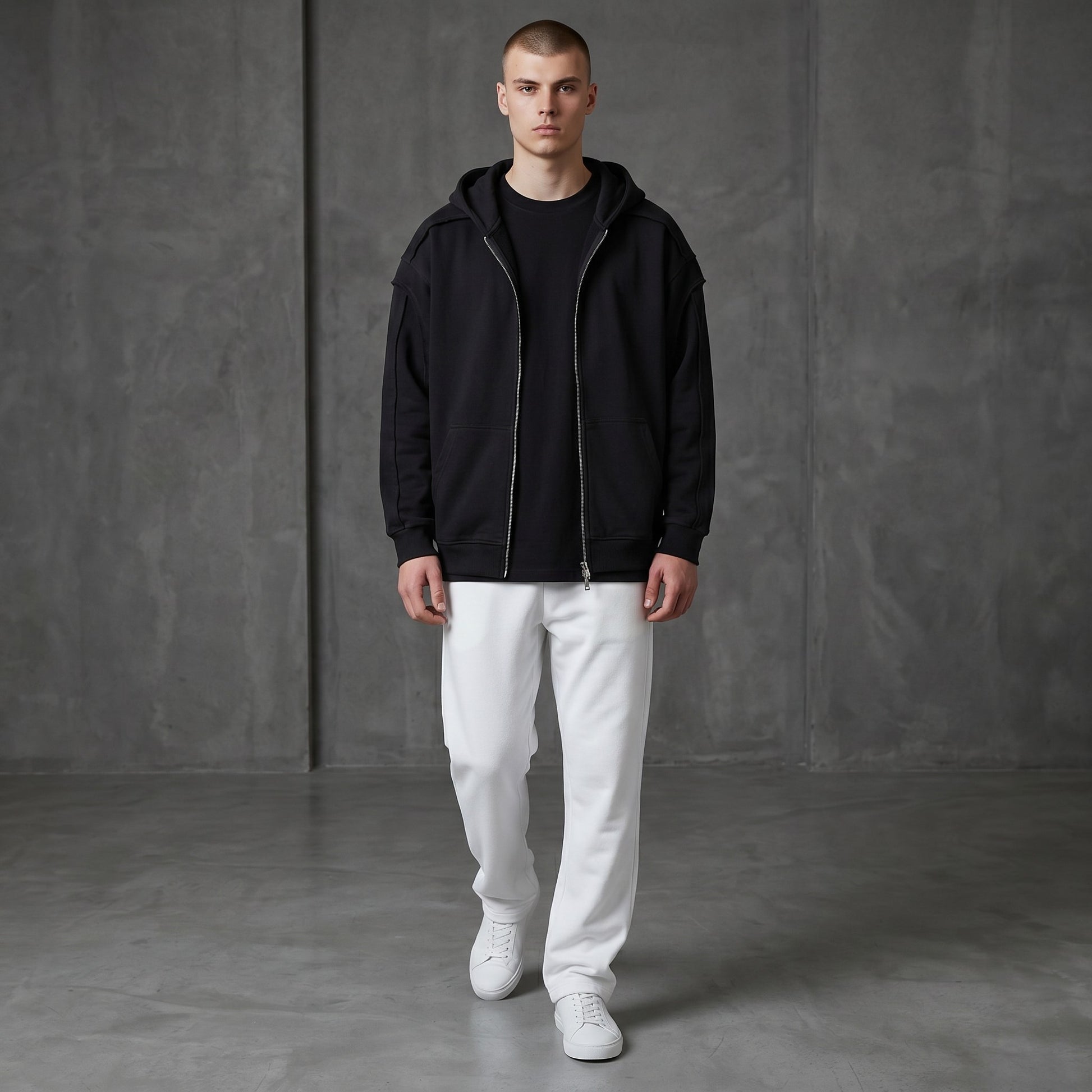 Omina black cotton-blend zip-up hoodie with raw edge detailing and contrast tape accents. Oversized fit.