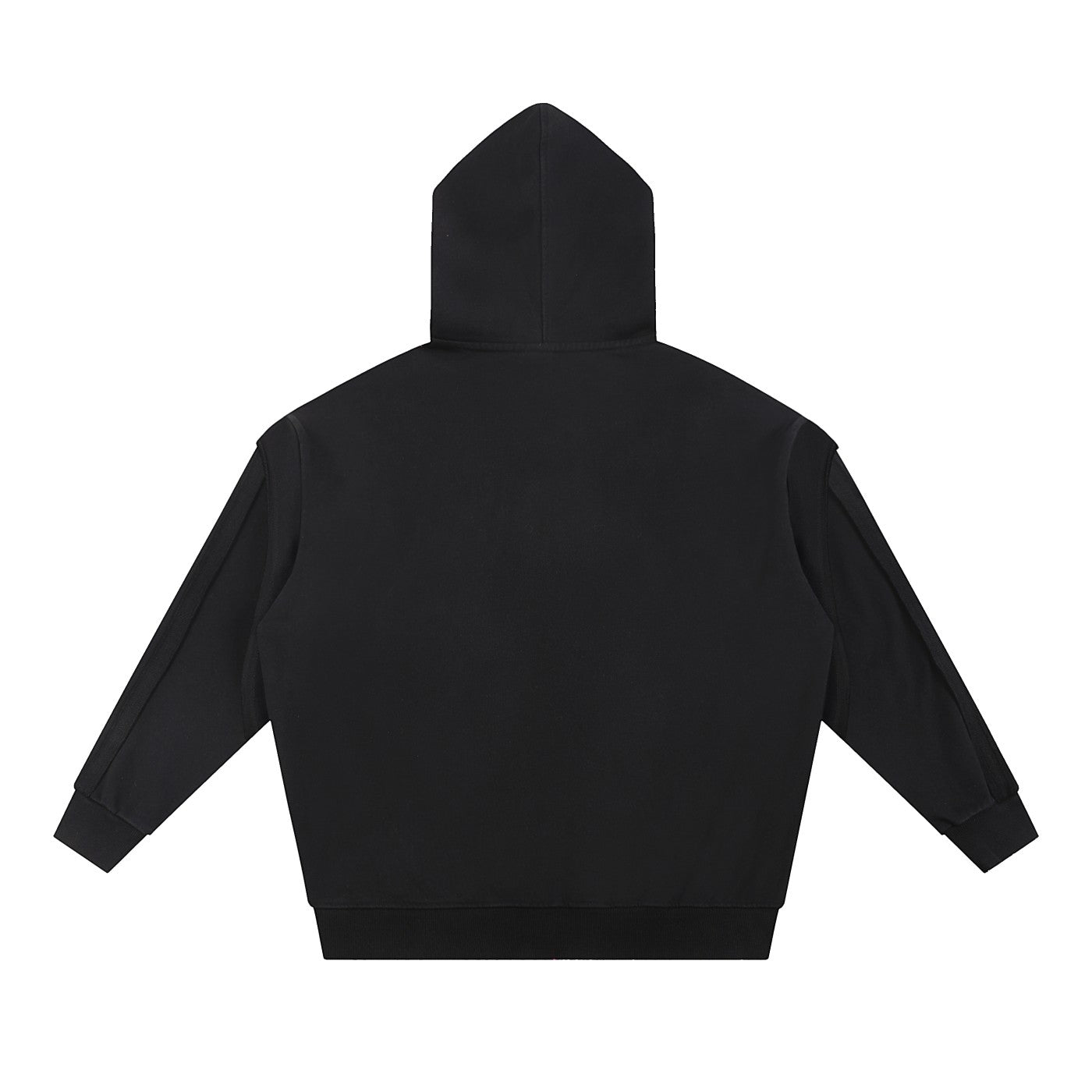 Omina black cotton-blend zip hoodie with raw edge detailing and contrast tape accents. Oversized fit.