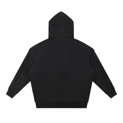 Omina black cotton-blend zip hoodie with raw edge detailing and contrast tape accents. Oversized fit.