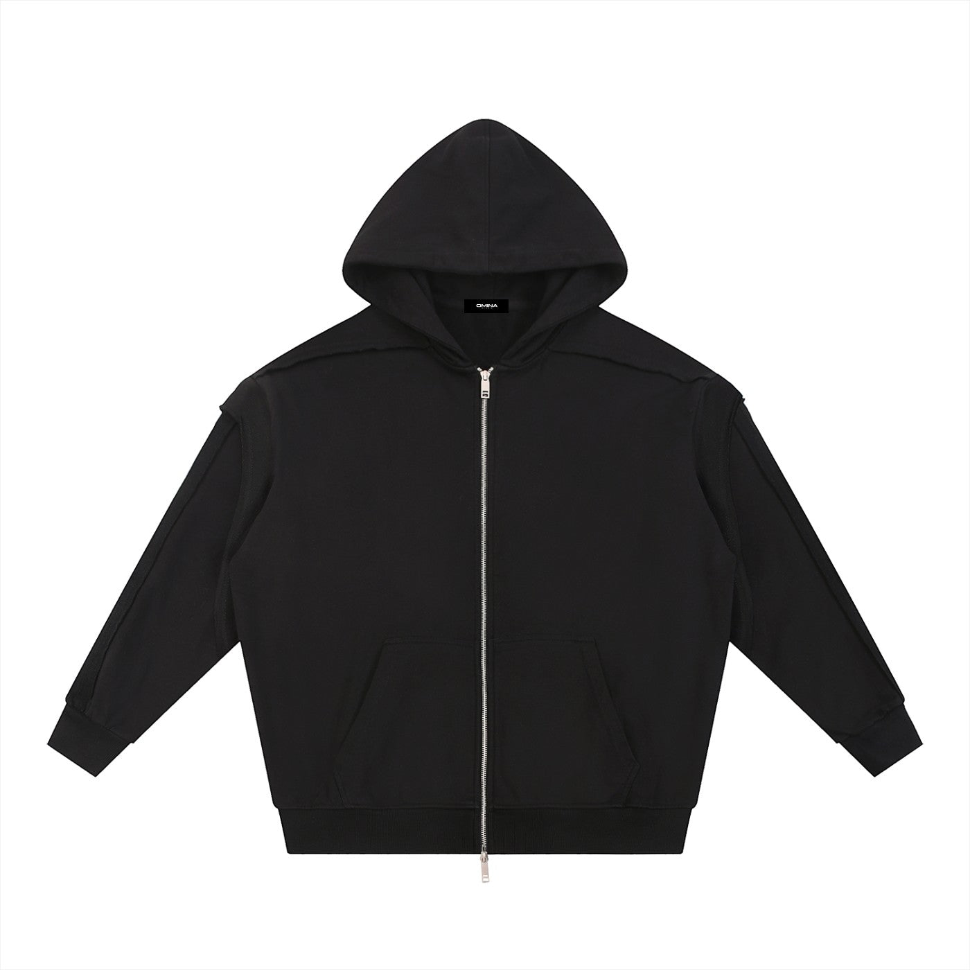 OMINA black cotton-polyester blend zip-up hoodie with raw edge detailing and contrast tape accents.