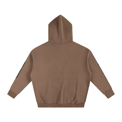 Omina brown heavyweight cotton blend oversized fleeced hoodie with minimal chest logo and clean back design.