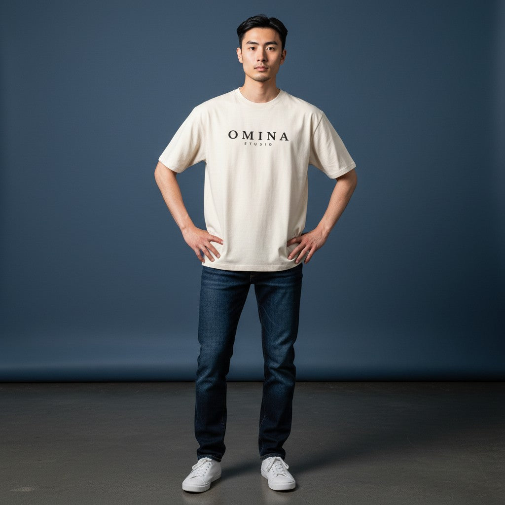 Omina Studio cream cotton t-shirt with minimalist black logo graphic on the chest. Short sleeves and crew neck.
