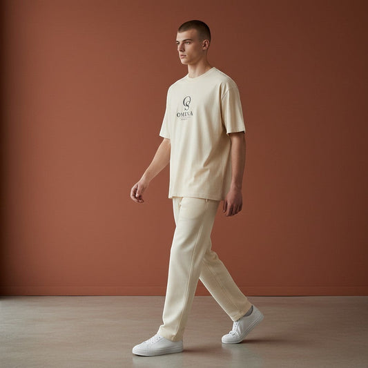 Omina Studio men's cream cotton t-shirt with minimal OS logo on chest. Relaxed fit, soft and breathable.
