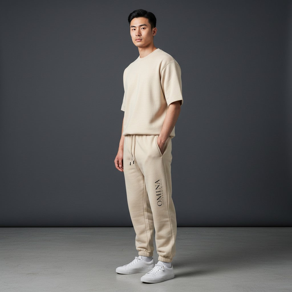 Omina Studio cream heavyweight cotton blend sweatpants with elastic waistband, drawcord, and subtle logo.