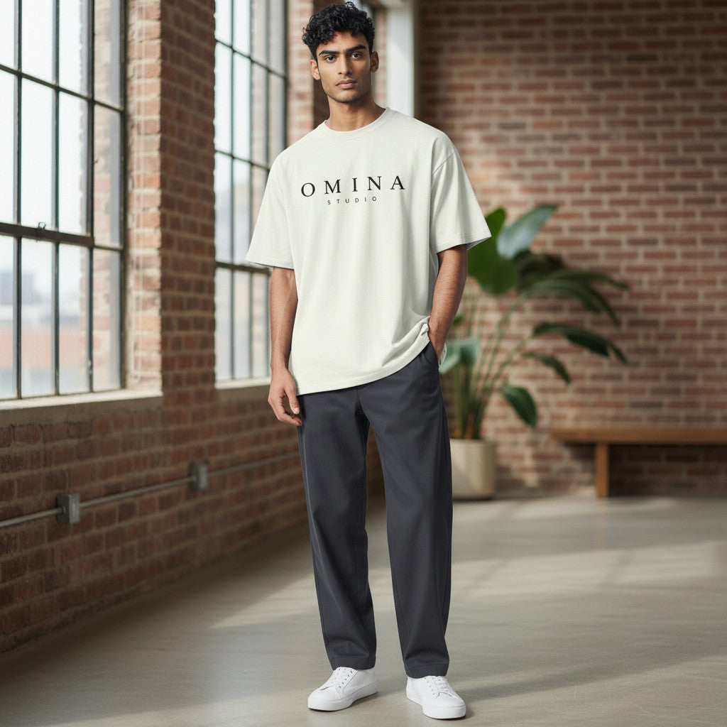 Omina Studio cream heavyweight 100% cotton t-shirt with relaxed fit and dropped shoulders.