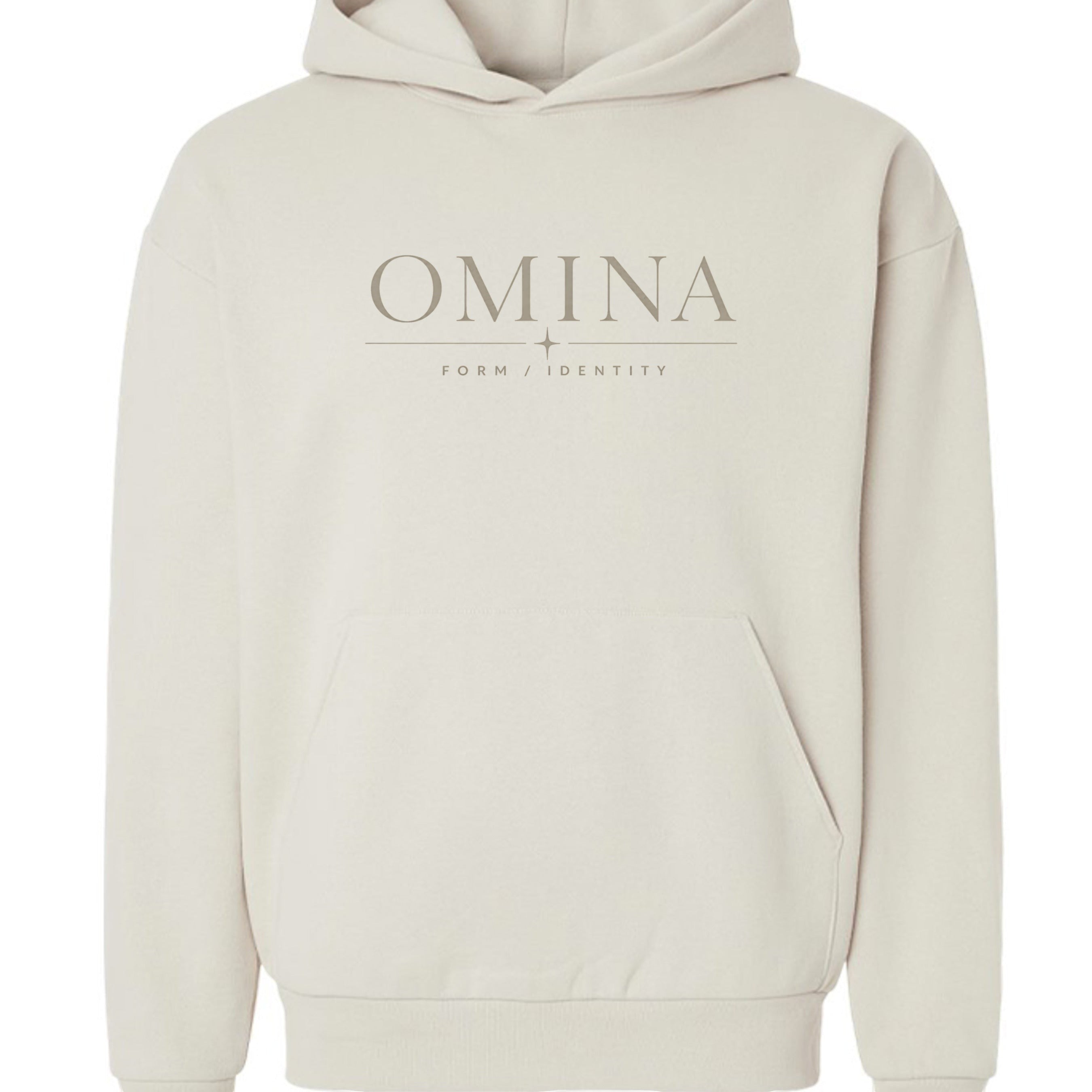 Omina cream cotton blend hoodie with minimalist logo graphic on chest. Streetwear style.