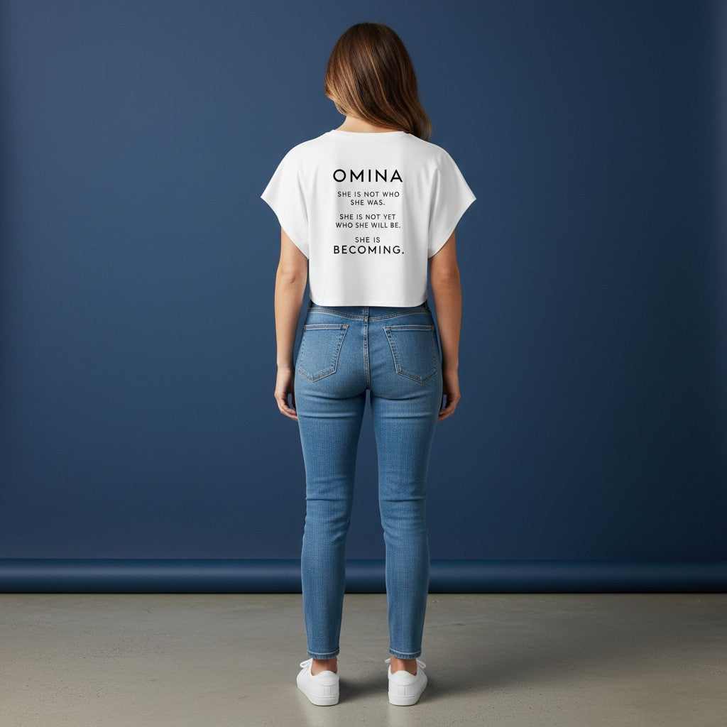 Omina white cropped dolman t-shirt with inspirational quote "She is not who she was. She is not yet who she will be. She is becoming."