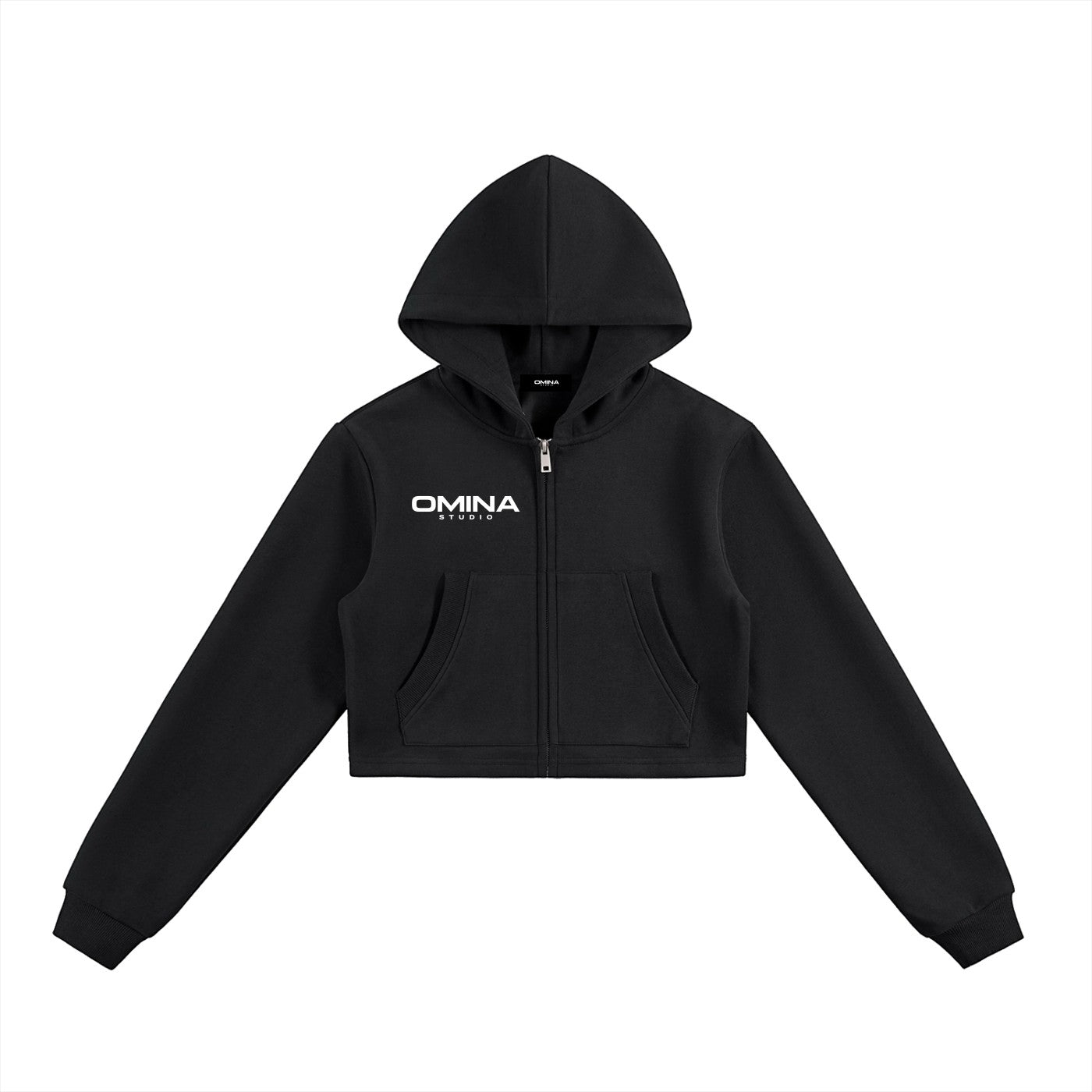 OMINA STUDIO black heavyweight cotton-blend fleece cropped zip hoodie with white logo detail