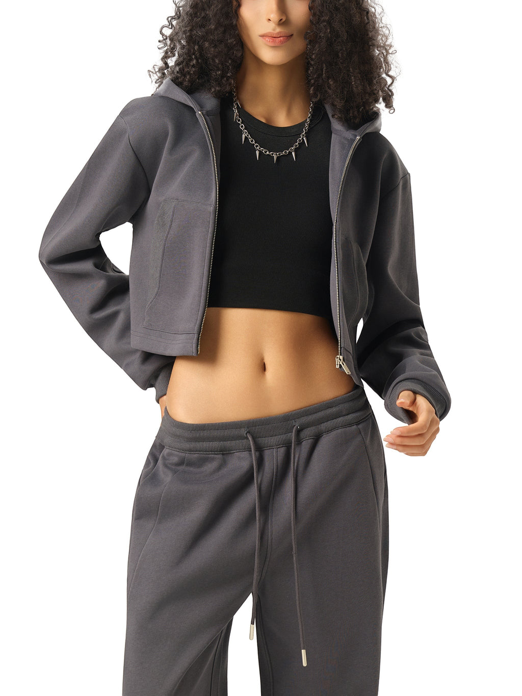 Omina dark grey cotton-blend fleece cropped zip hoodie with a relaxed fit and hood. Features minimalist branding.