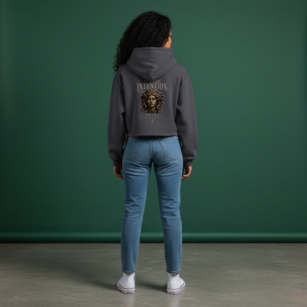 Omina dark grey cotton-blend fleece cropped zip hoodie with graphic.