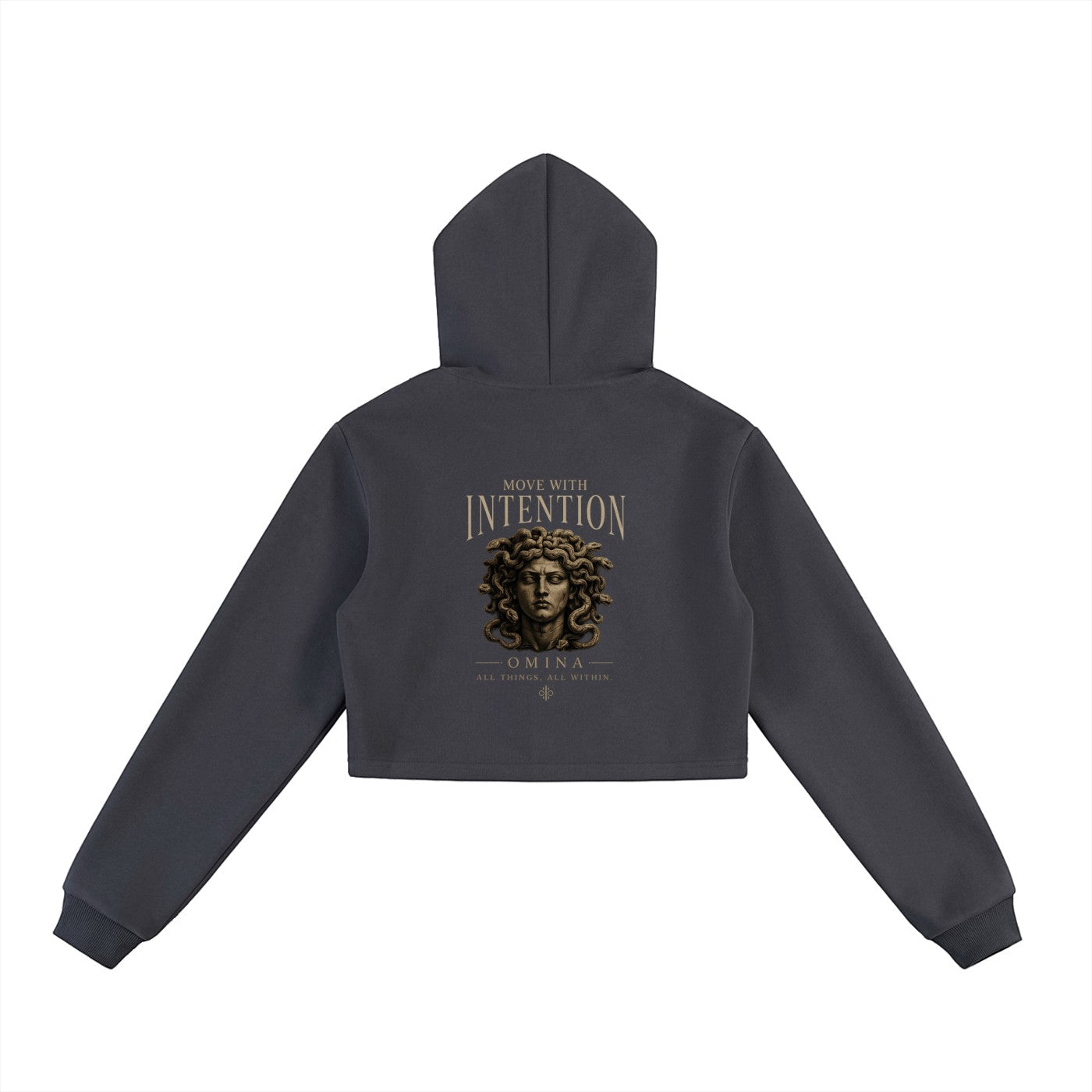 Omina dark grey cropped zip hoodie with graphic of Medusa and text "Move With Intention".