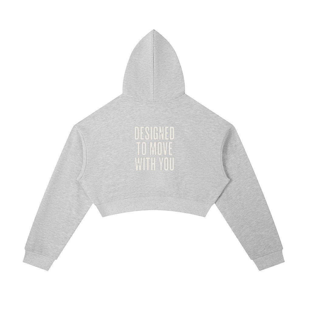 Omina women's light grey cropped zip-up hoodie with adjustable drawstring hood and "DESIGNED TO MOVE WITH YOU" text on back.