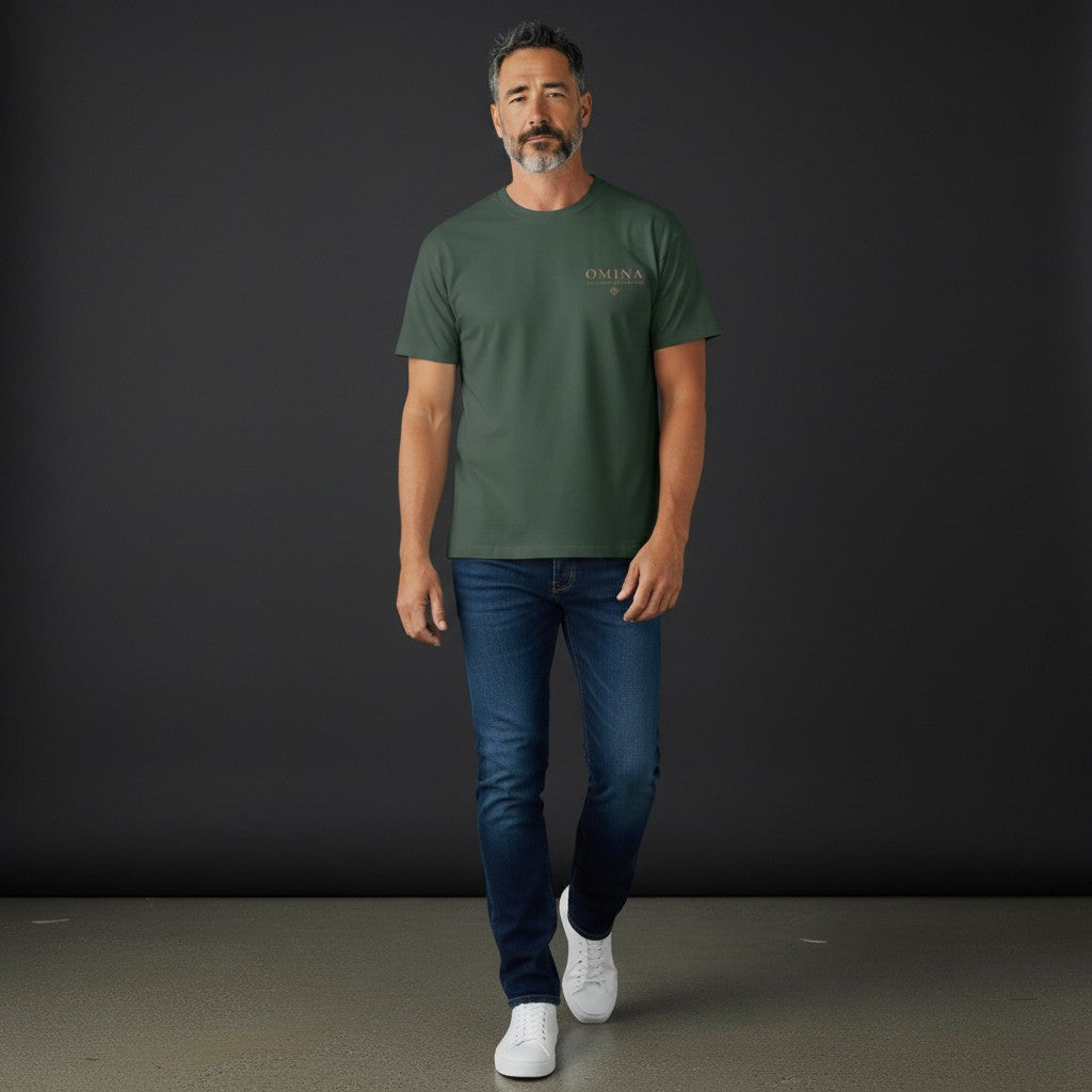 Omina dark green cotton oversized fit crew neck t-shirt with subtle logo on chest.