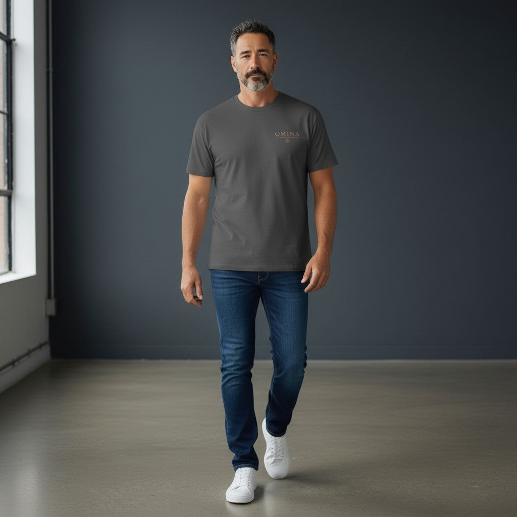 Omina dark grey 100% cotton oversized fit crew neck t-shirt with subtle logo detail on the chest.