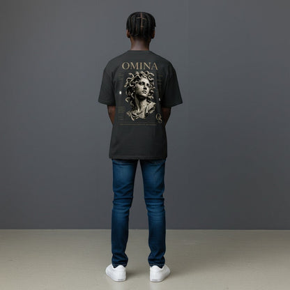 Omina Studio dark grey premium cotton t-shirt with a graphic print of Medusa's head and minimalist text on the back.