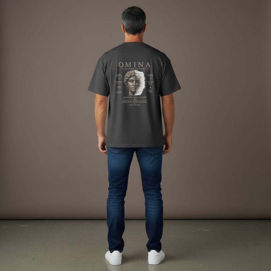 Omina dark grey 100% cotton oversized fit crew neck t-shirt with 'Protect Your Peace' graphic and Roman bust.