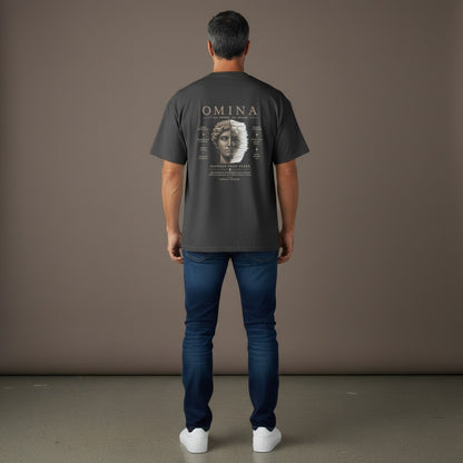 Omina dark grey 100% cotton oversized fit crew neck t-shirt with 'Protect Your Peace' graphic and Roman bust.