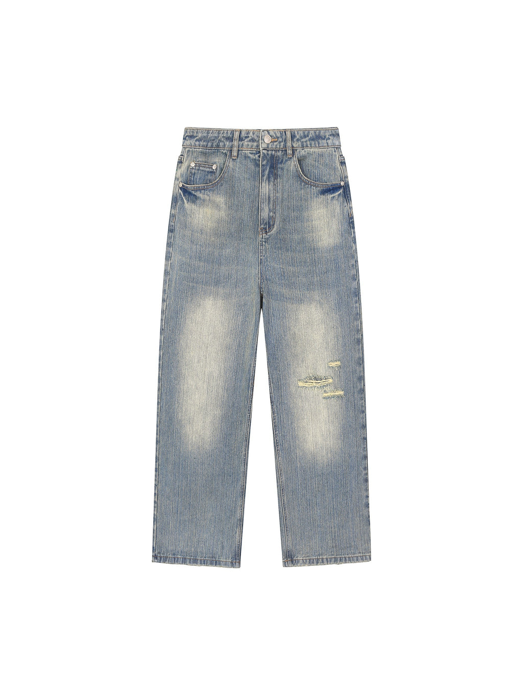 OMINA vintage wash distressed denim jeans in a relaxed straight-leg fit with faded detailing.