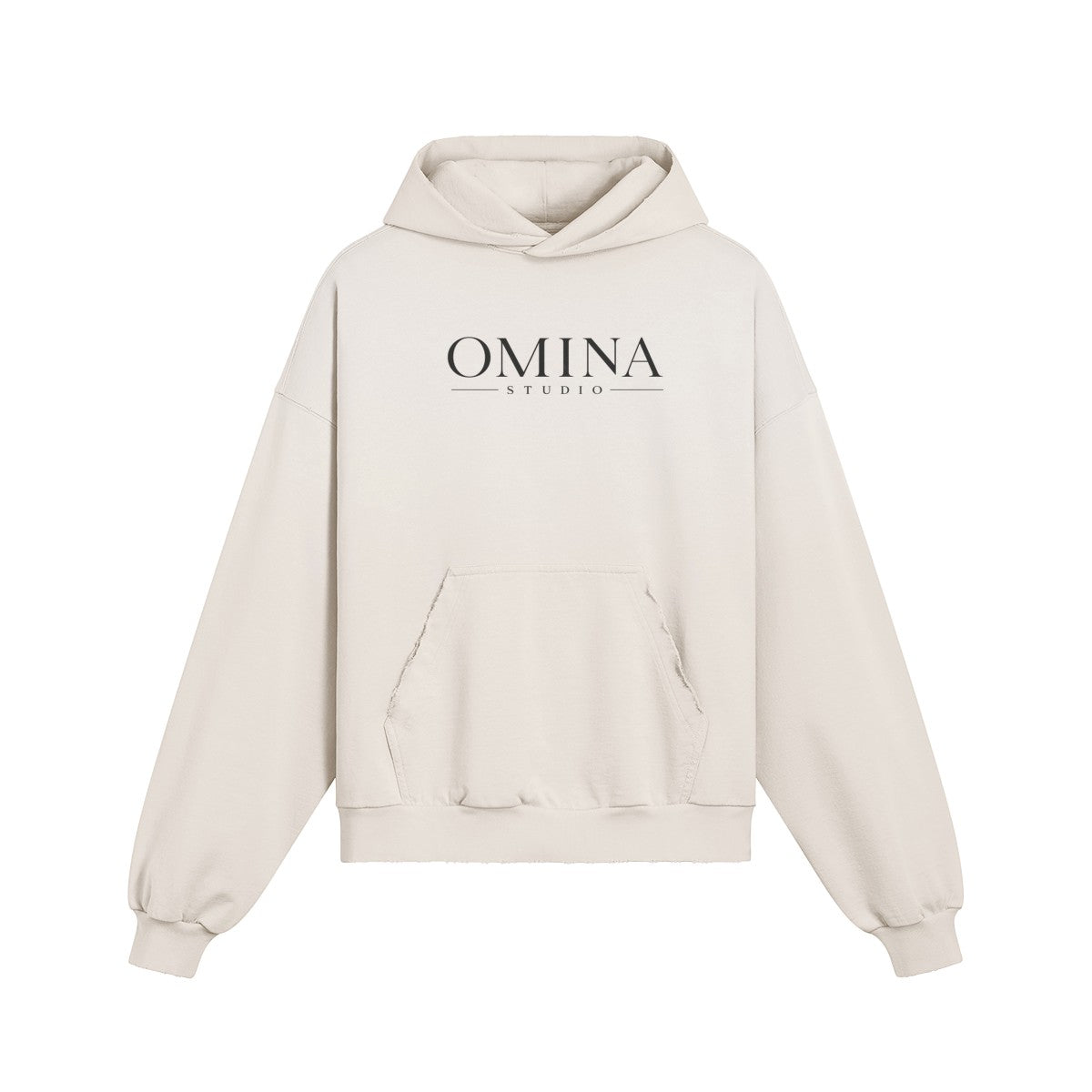 Omina oversized distressed cream cotton hoodie with frayed details and front pocket. Boxy fit with drop shoulders.