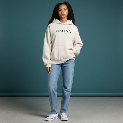 Omina oversized distressed cream cotton hoodie with frayed hem and pocket, featuring a tonal gradient and Omina Studio logo.