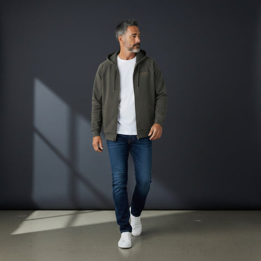 Omina dark olive green oversized dolman sleeve zip-through fleece hoodie with a subtle logo on the chest.