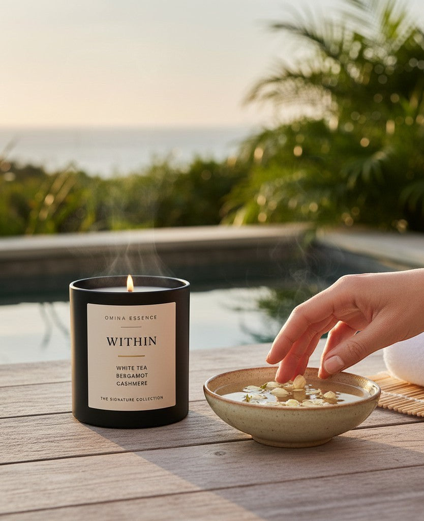 Omina Essence black candle with wooden lid, featuring a cream label with 'WITHIN' and scent notes of white tea, bergamot, and cashmere.