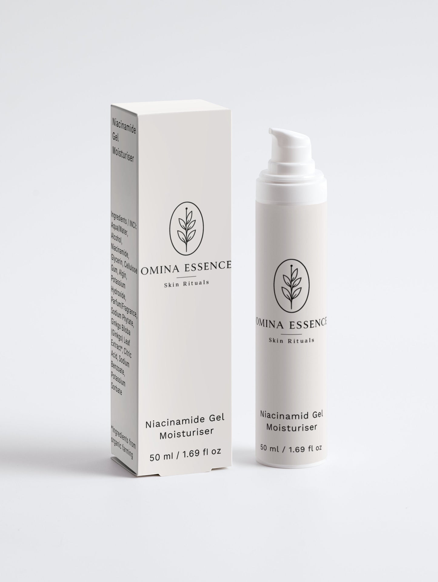 Omina Essence Niacinamide Gel Moisturiser in a white pump bottle and box, enriched with Vitamin B3 for hydration and even skin tone.