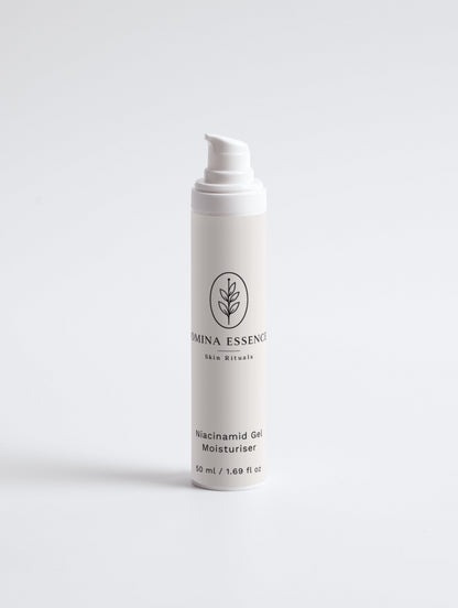 Omina Essence white pump bottle of Niacinamide Gel Moisturiser with 5% Vitamin B3 for brighter, smoother skin.