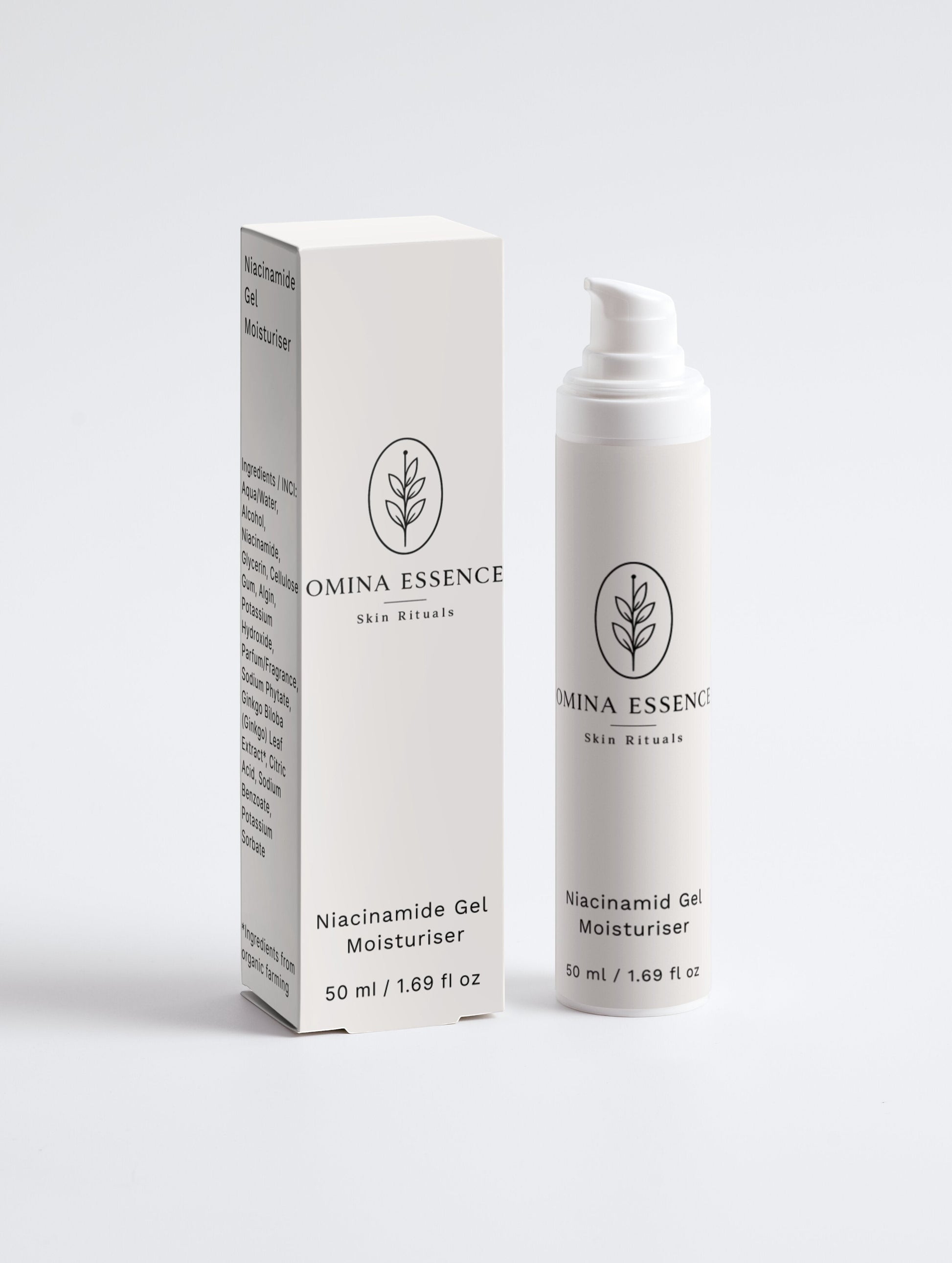 Omina Essence Niacinamide Gel Moisturiser in a white pump bottle and box. Enriched with 5% Niacinamide (Vitamin B3) to hydrate, smooth, and even skin tone.